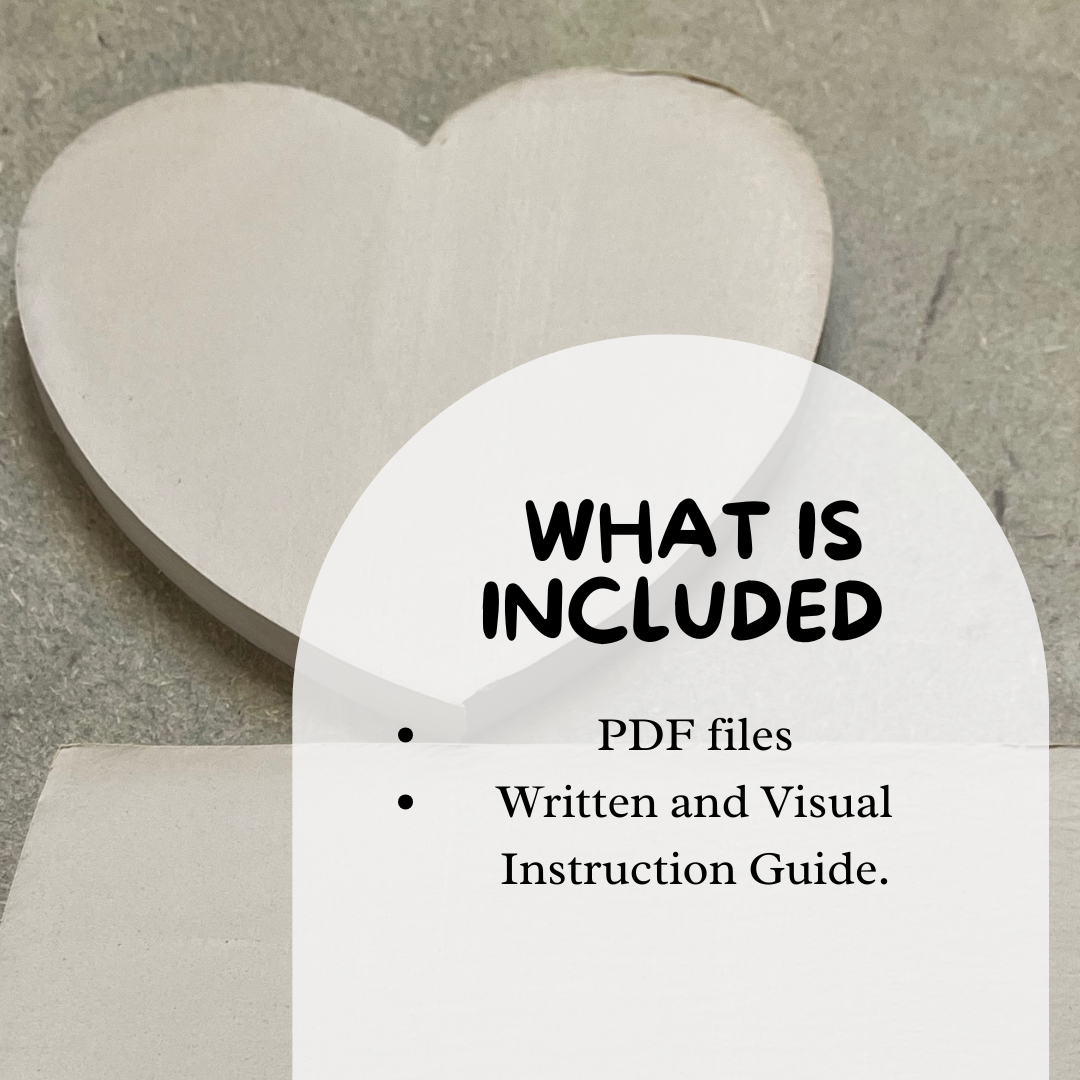 Heart shaped pottery template with text overlay stating 'What's Included.@ Highlights PDF files and written and visual instruction guide for creating ceramic dishes. ideal or pottery project at home or studio.
