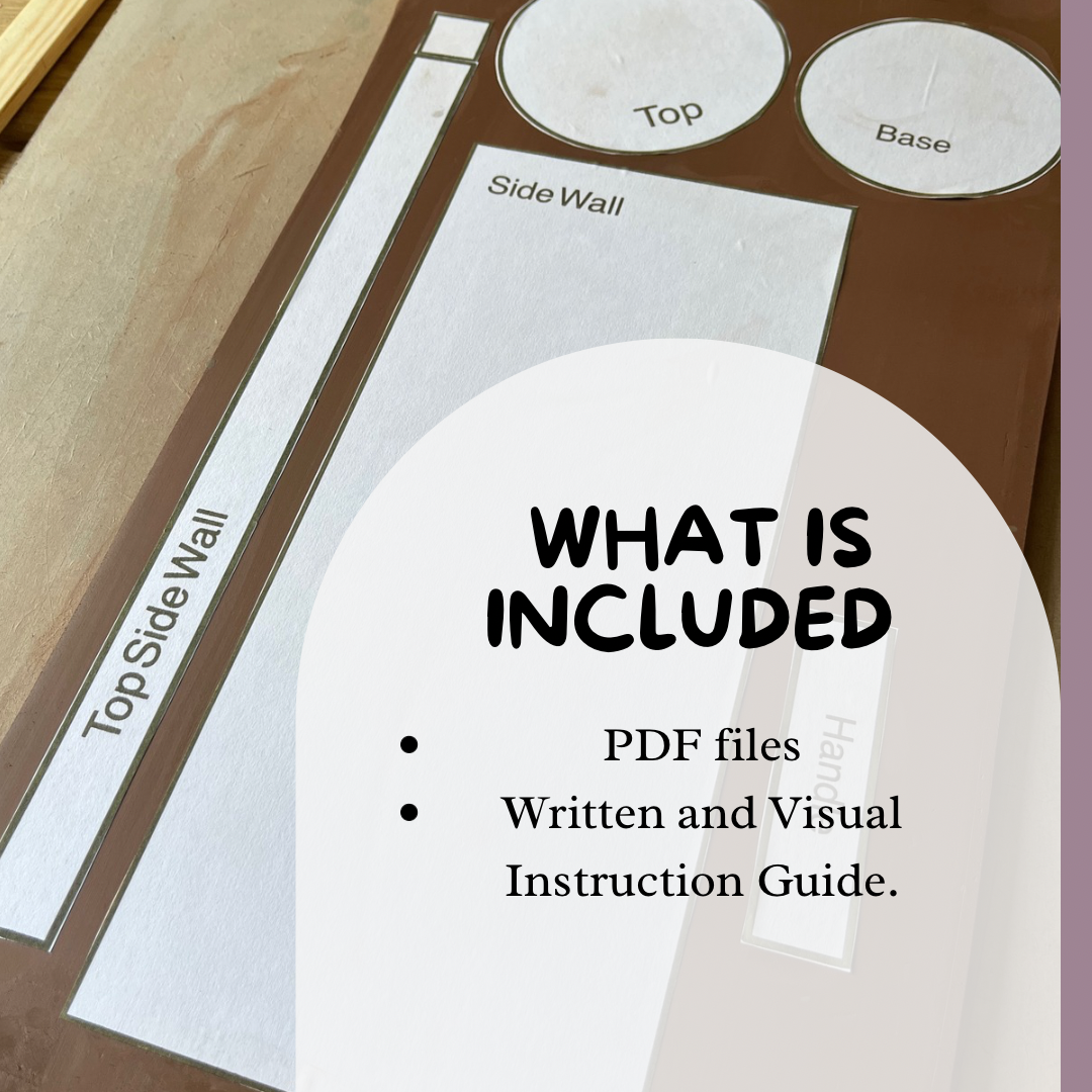 Printable pottery template for a lidded jar, showing labelled paper template placed on a slab of clay. Includes text overlay stating 'What's Included, 'highlighting PDF files and written and visual instruction guides. perfect for pottery enthusiasts looking to craft ceramic jars.