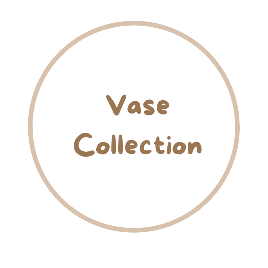 Circular logo with the text 'Vase Collection' written in a brown, playful font, surrounded by a light beige outline. Designed to represent a collectionn of pottery templates for crafting vases. 