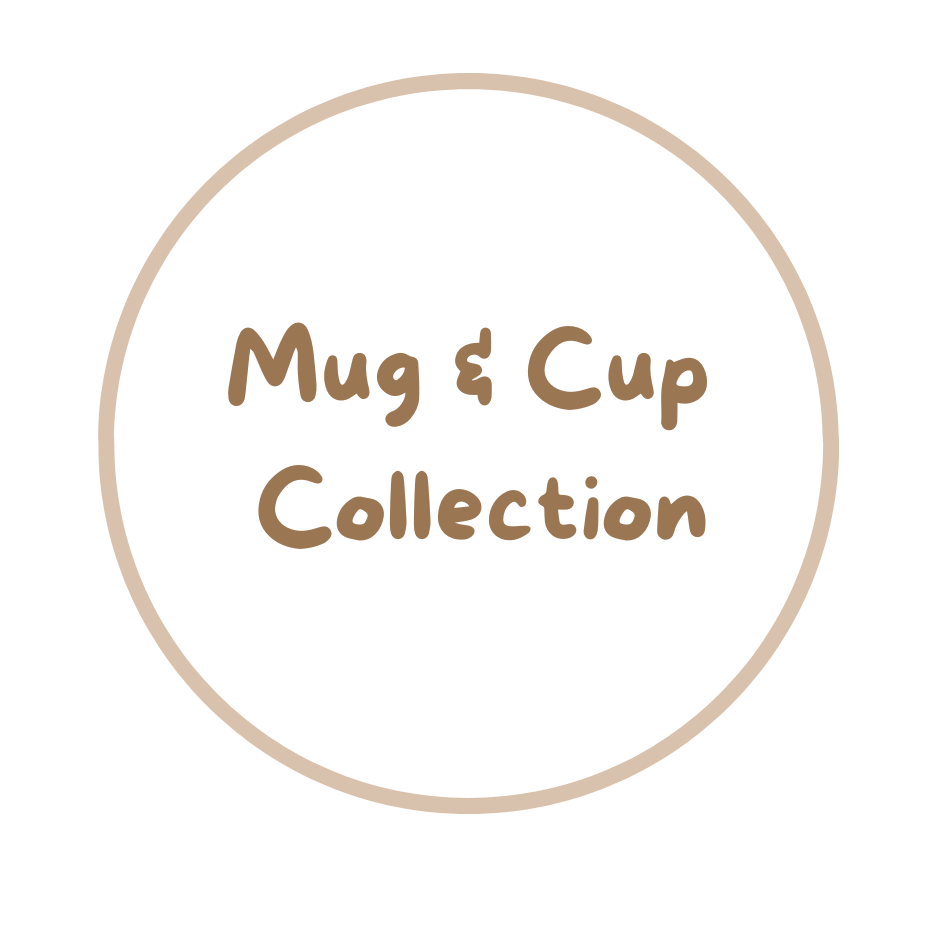 A circular logo with the text 'Mug & Cup Collection' written in playful brown font, surrounded by a simple beige outline. Design for pottery template and slab building pottery.