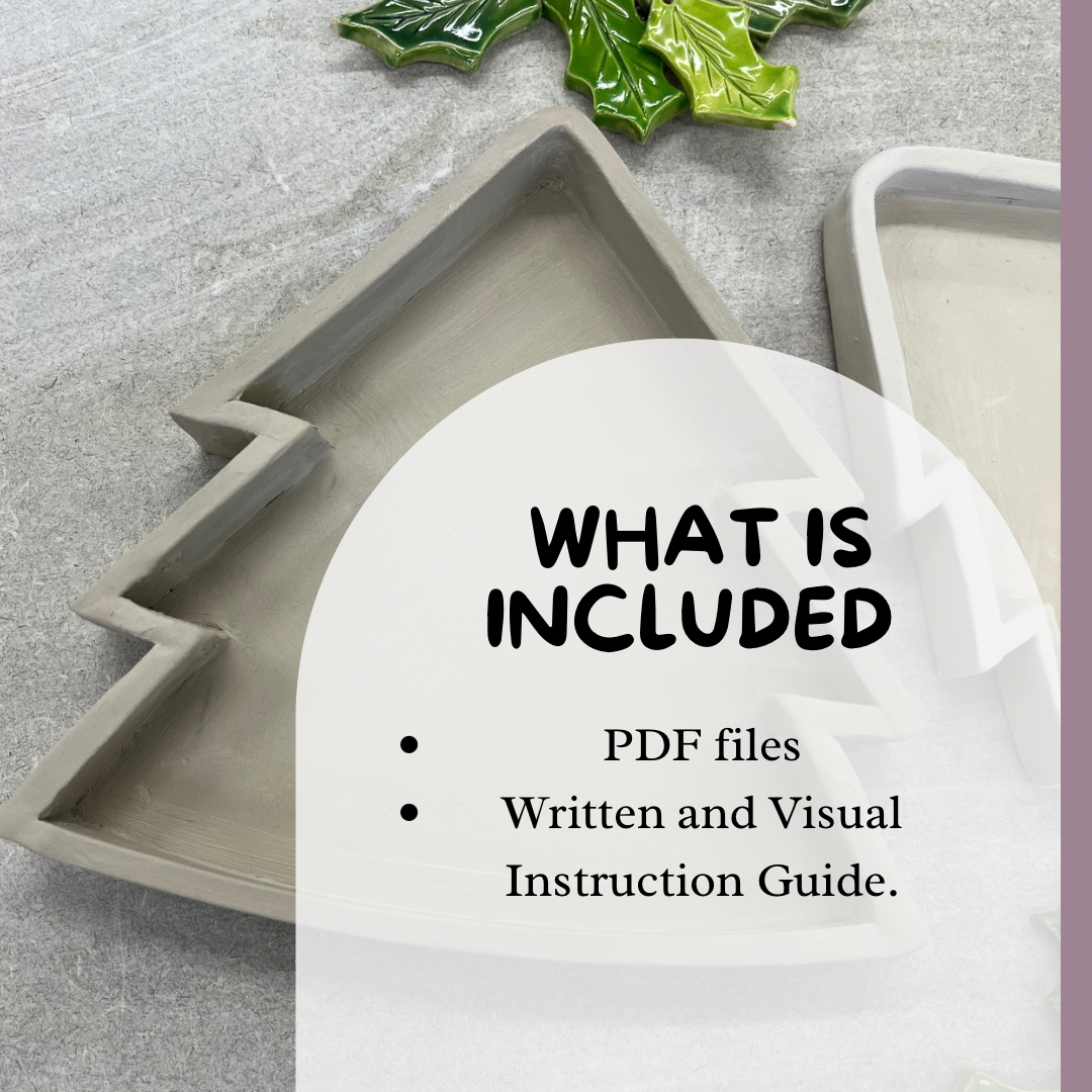 Festive ceramic dish in the shape of a Christmas tree, ith a txt overlay listing 'What's Included', featuring PDF files and written and ivsual instruction guides. Perfect   for creating holiday-themed pottery using a printable template. 