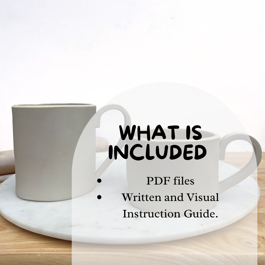 A DIY pottery mug template featuring two ceramic mugs on a marble surface. Includes text overlay stating @What's included', highlighting PDF files and written and visual instruction guides. Great for pottery lovers looking to create handmade mug at home or in a pottery studio. 