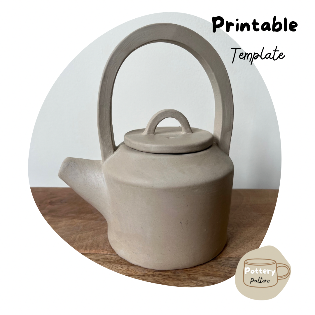 Handmade ceramic teapot with a modern, minimalist design, featuring a curved handle, functional spout, and fitted lid. Displayed on a wooden surface, highlighting a printable pottery template for sale, perfect for DIY ceramic projects and beginner potters.
