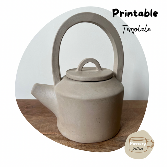 Handmade ceramic teapot with a modern, minimalist design, featuring a curved handle, functional spout, and fitted lid. Displayed on a wooden surface, highlighting a printable pottery template for sale, perfect for DIY ceramic projects and beginner potters.