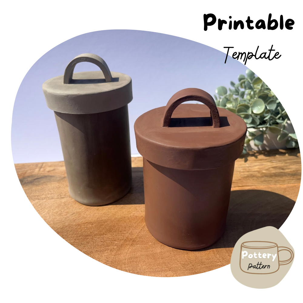 Two handmade ceramic lidded jars, one in dark brown clay and the other in a lighter colour clay, feature simple curved handles on the lids. Displayed on a wooded surface with a modern minimal design, perfect for pottery projects using printable ceramic templates. 