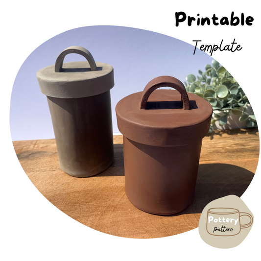 Two handmade ceramic lidded jars, one in dark brown clay and the other in a lighter colour clay, feature simple curved handles on the lids. Displayed on a wooded surface with a modern minimal design, perfect for pottery projects using printable ceramic templates. 