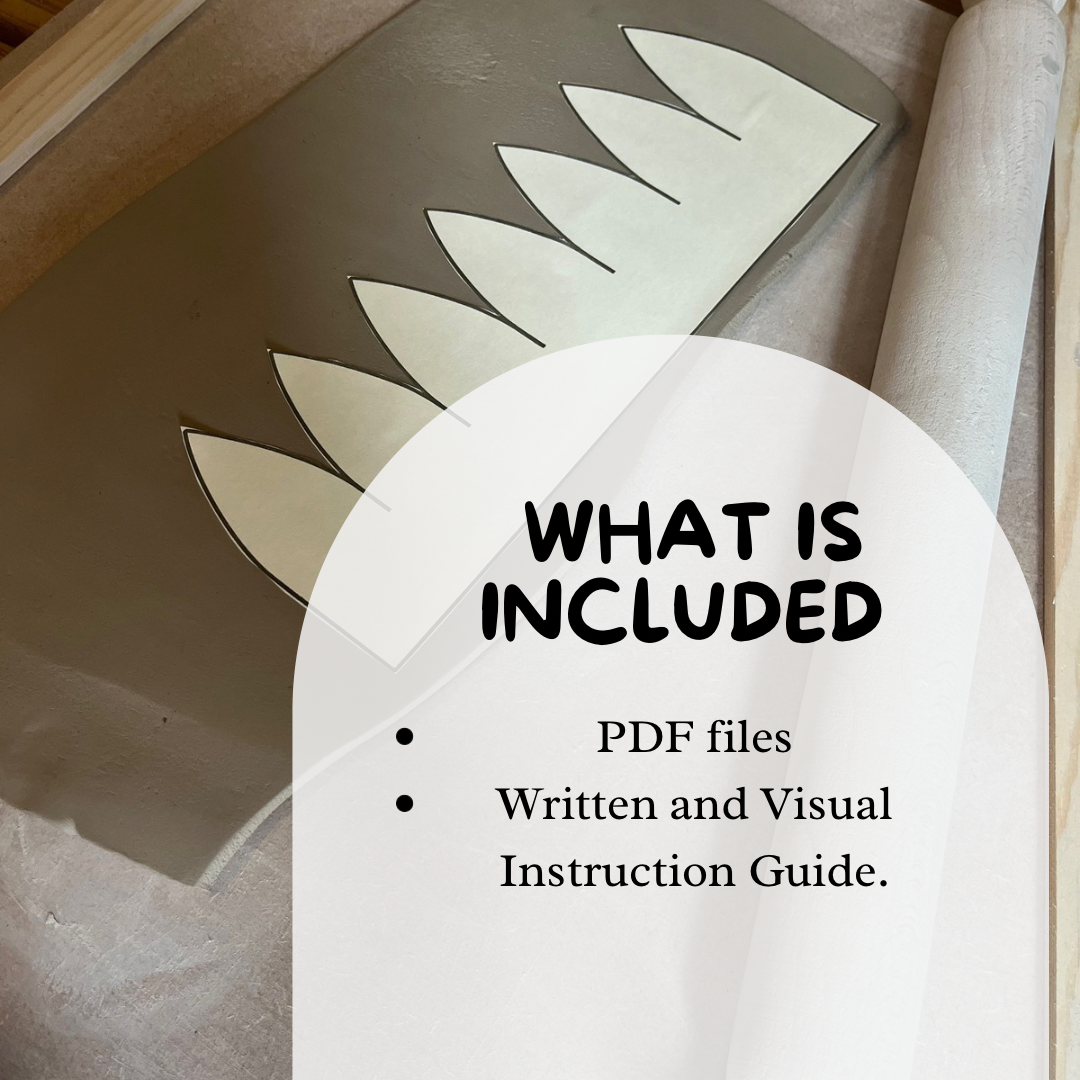 A printable pottery template with paper patterns laid on rolled-out slab of clay, companied by text overlay detailing 'What's included, 'Which lists PDF files and written and visual instruction guide for creating pottery.