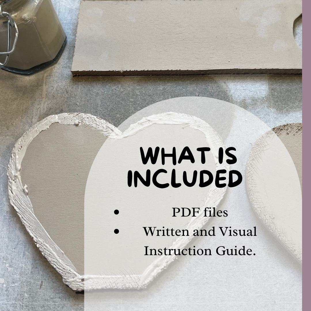 A  Hand built heart shape vase work in progress with slabs of clay. The text overlay with 'What's Included' lists content ' PDF files and Written and Visual Instruction Guides. 