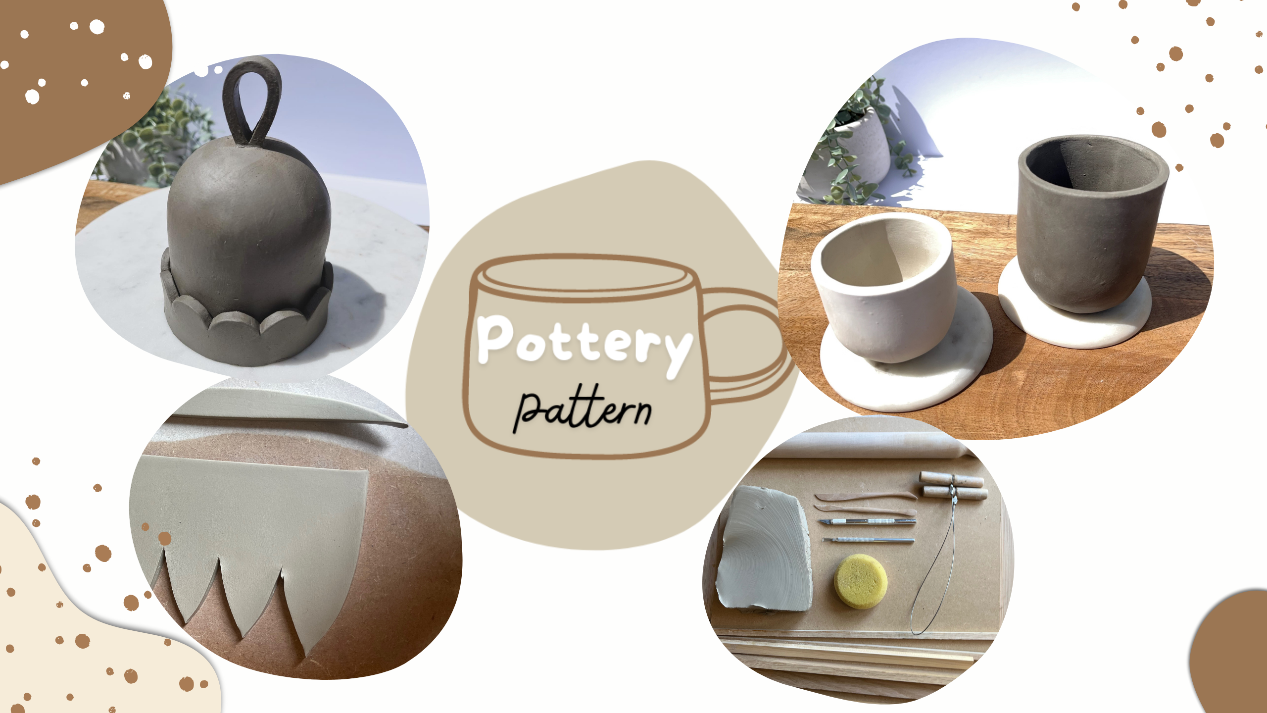 Pottery Pattern Banner features a mug logo and images of ceramic projects, including handmade cups, and work in progress. Showcasing designs and DIY pottery template projects. Pottery Pattern printable pottery templates are ideal for ceramic projects at home or in a studio, for beginners or pottery enthusiasts and creators seeking high quality pottery templates.