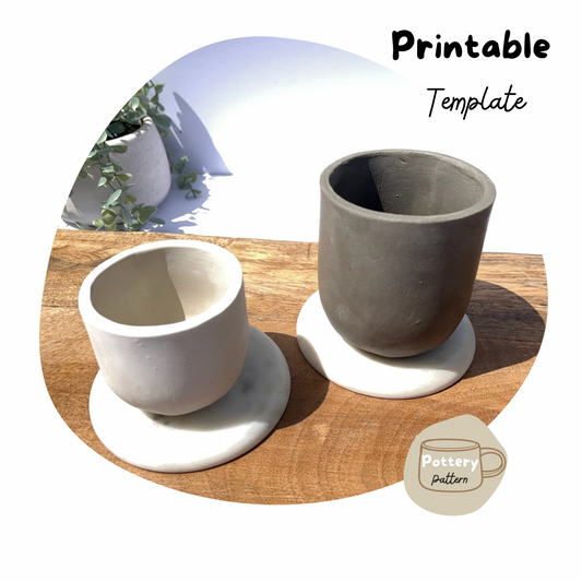 Two handmade ceramic cups, one in white clay the other in darker clay, displayed on a wooden surface with simple, modern design. Part of a printable pottery template for crafting your own custom ceramic cups. 