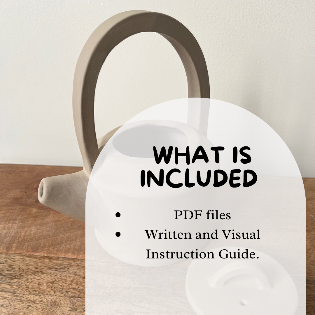 Image of a handmade ceramic teapot with  modern design, featuring a curved handle and spout. Text overlay lists ' What's included, ' highlighting PDF files and a written and visual instruction guide, part of a printable template for sale.
